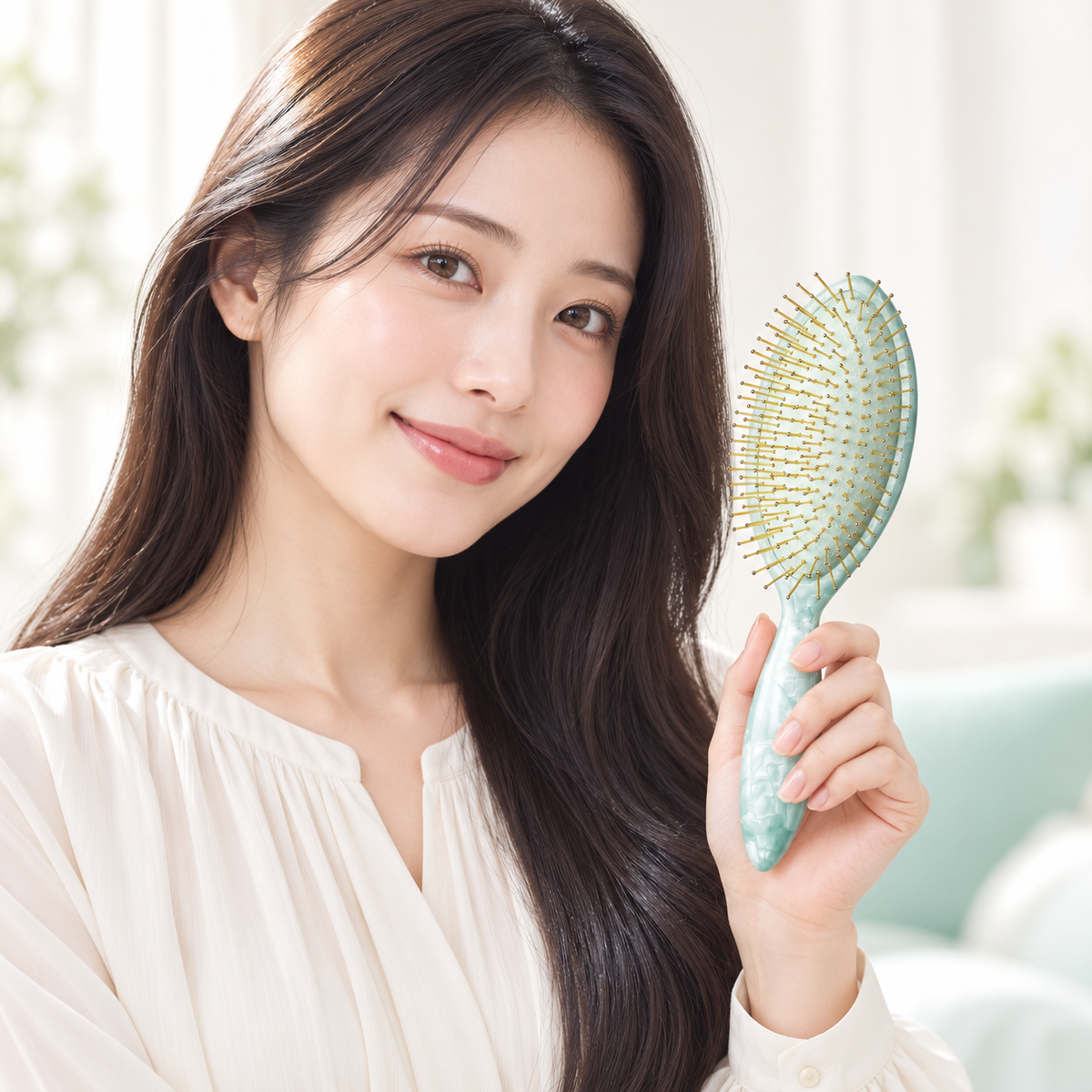 Modelo japonês segurando ReFa AURA Modern Mint Green