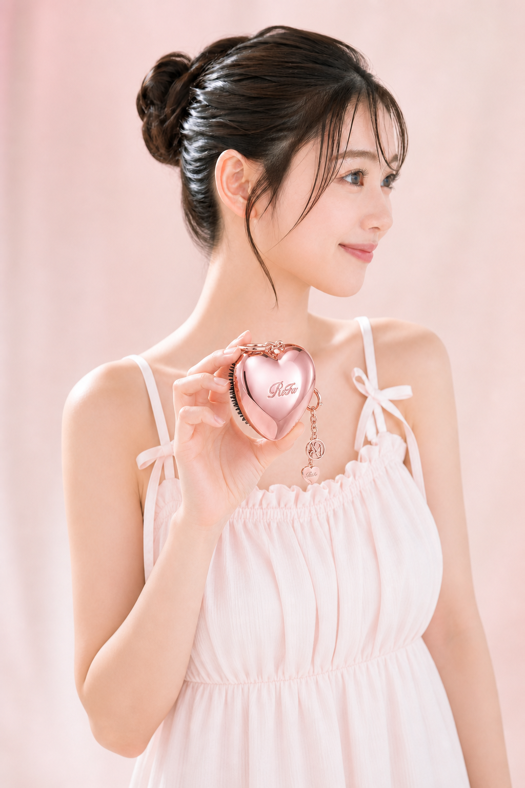 Japanese model holding ReFa HEART BRUSH charm