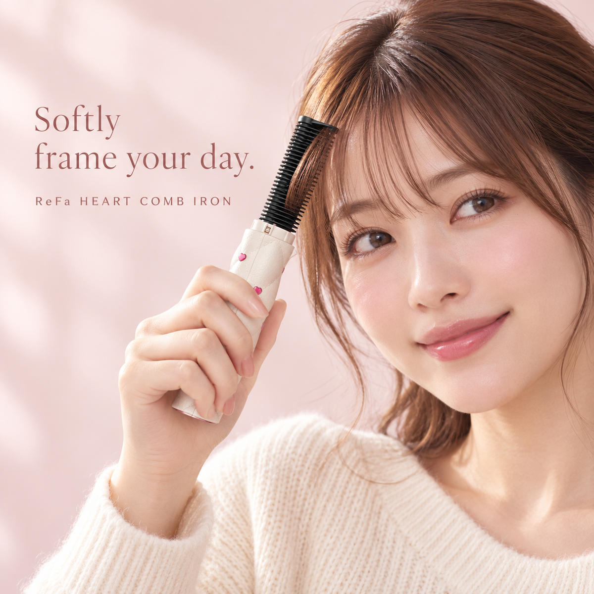 Japanese model styling bangs with ReFa HEART COMB IRON