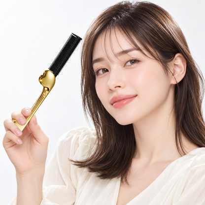 ReFa HEART COMB IRON Aira Japanese model holding the open gold comb