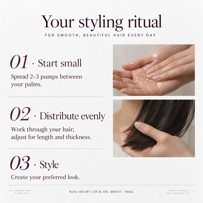 How to use HEART LOCK OIL MOIST: spread in palms, distribute through hair, style