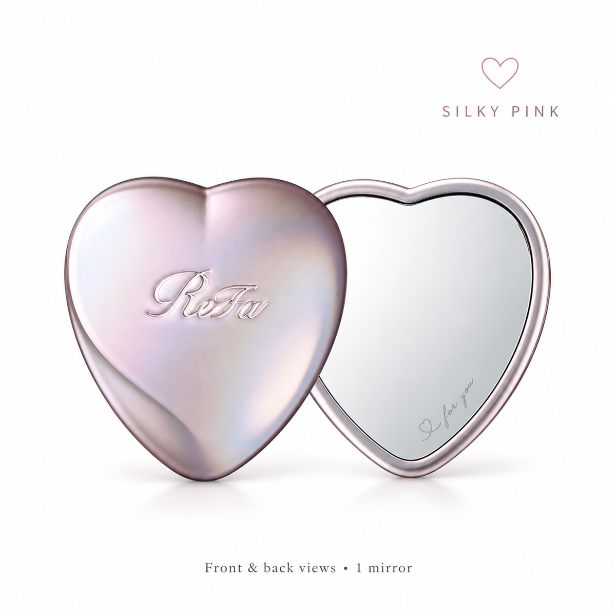 ReFa Heart Mirror Silky Pink front and back views of one mirror