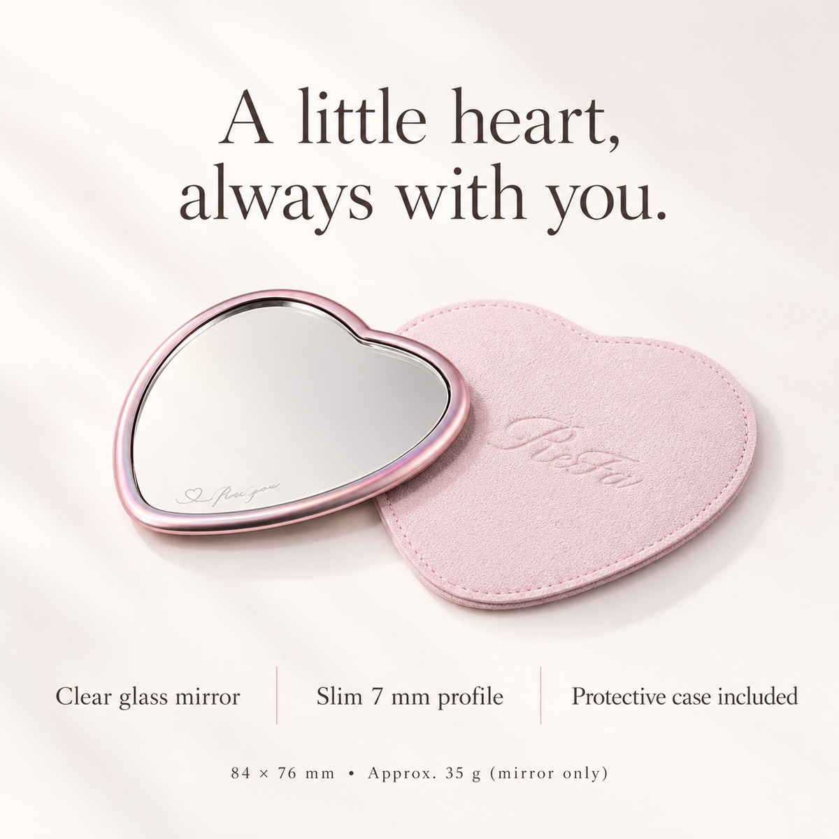 ReFa Heart Mirror with protective case, dimensions and features