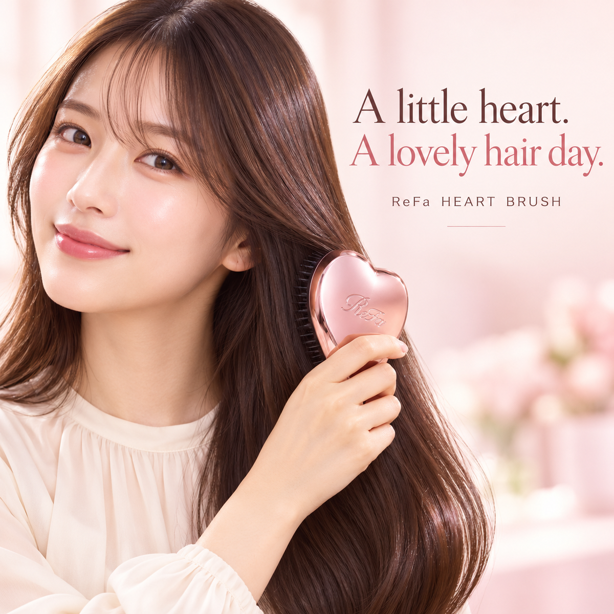 Japanese model with ReFa HEART BRUSH Rose Gold - illustrative image