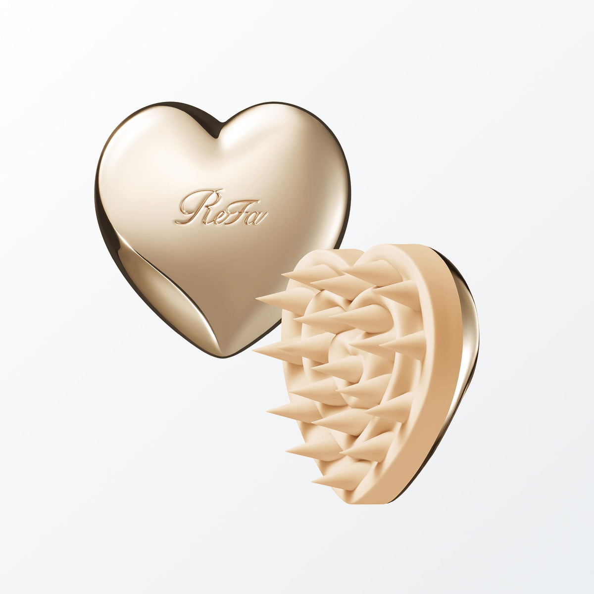 ReFa HEART SCALP Champagne Gold — front and silicone pin views of one brush