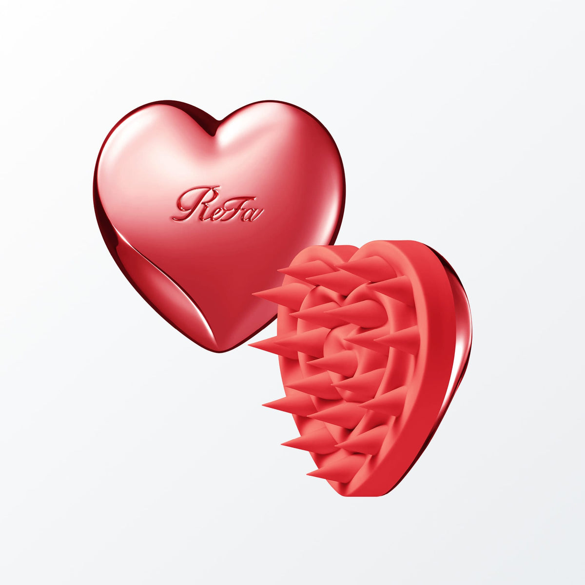 ReFa HEART SCALP Shine Red — front and silicone pin views of one brush