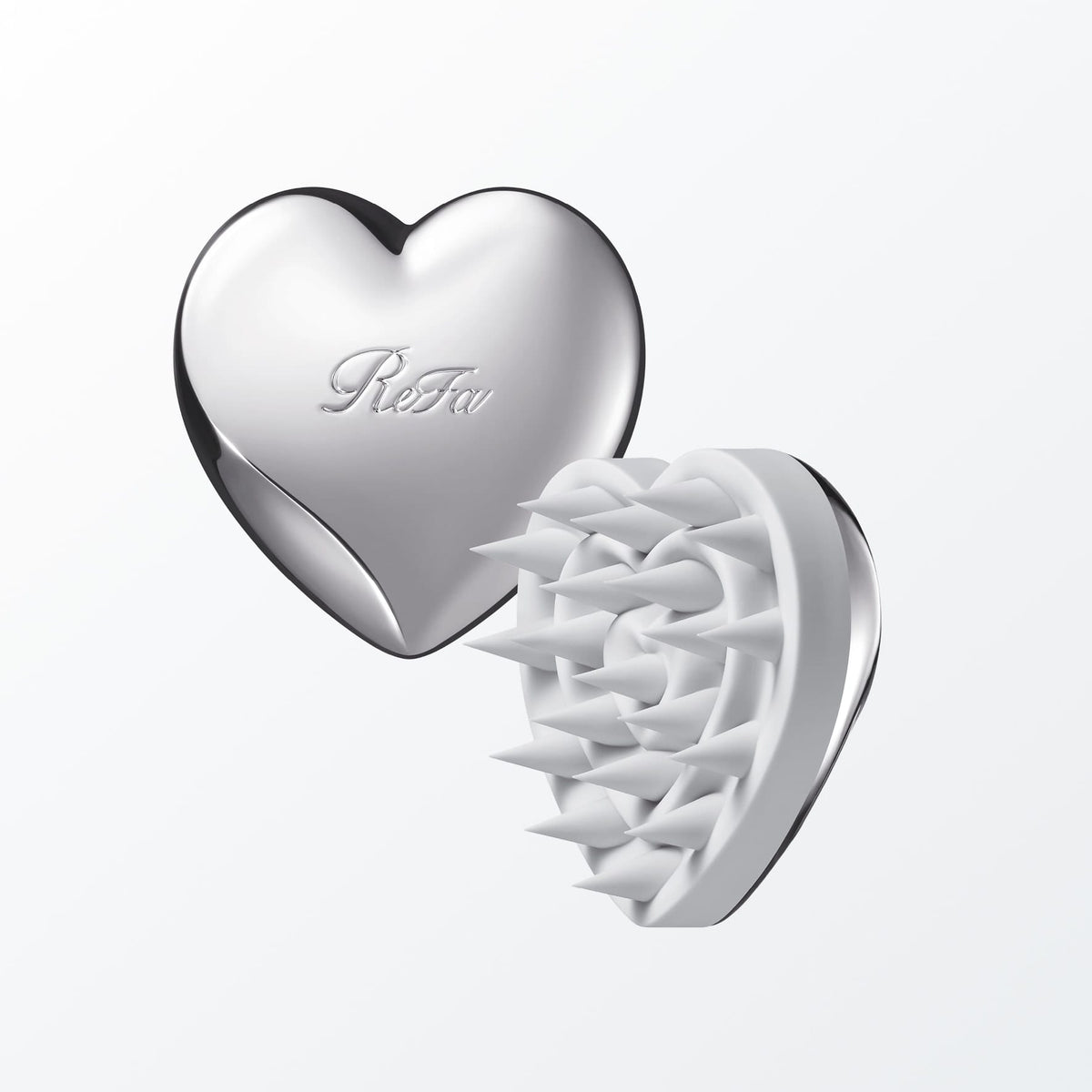 ReFa HEART SCALP Silver — front and silicone pin views of one brush