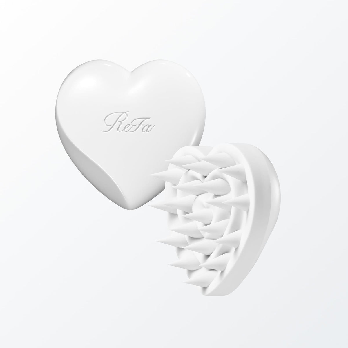 ReFa HEART SCALP White — front and silicone pin views of one brush