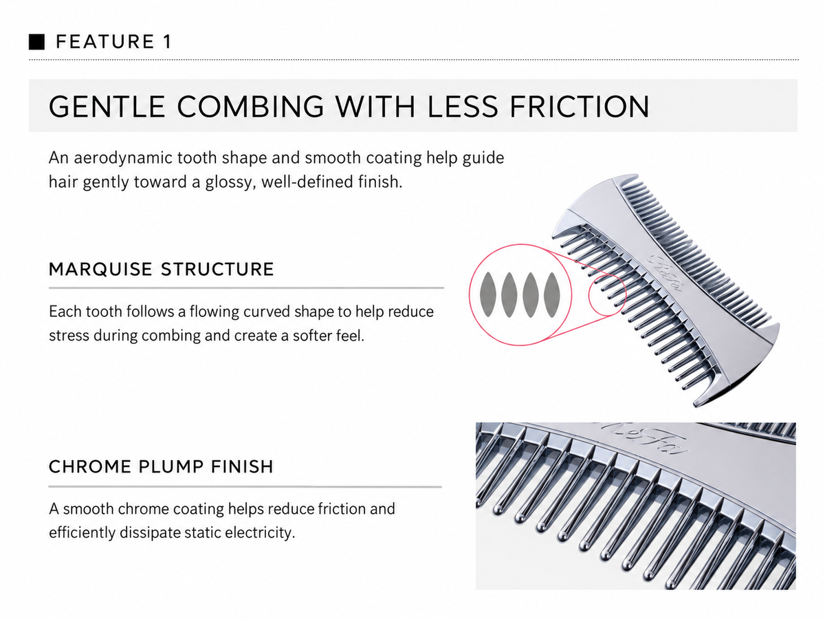 ReFa MARQUISE ARRANGE gentle combing and chrome finish features