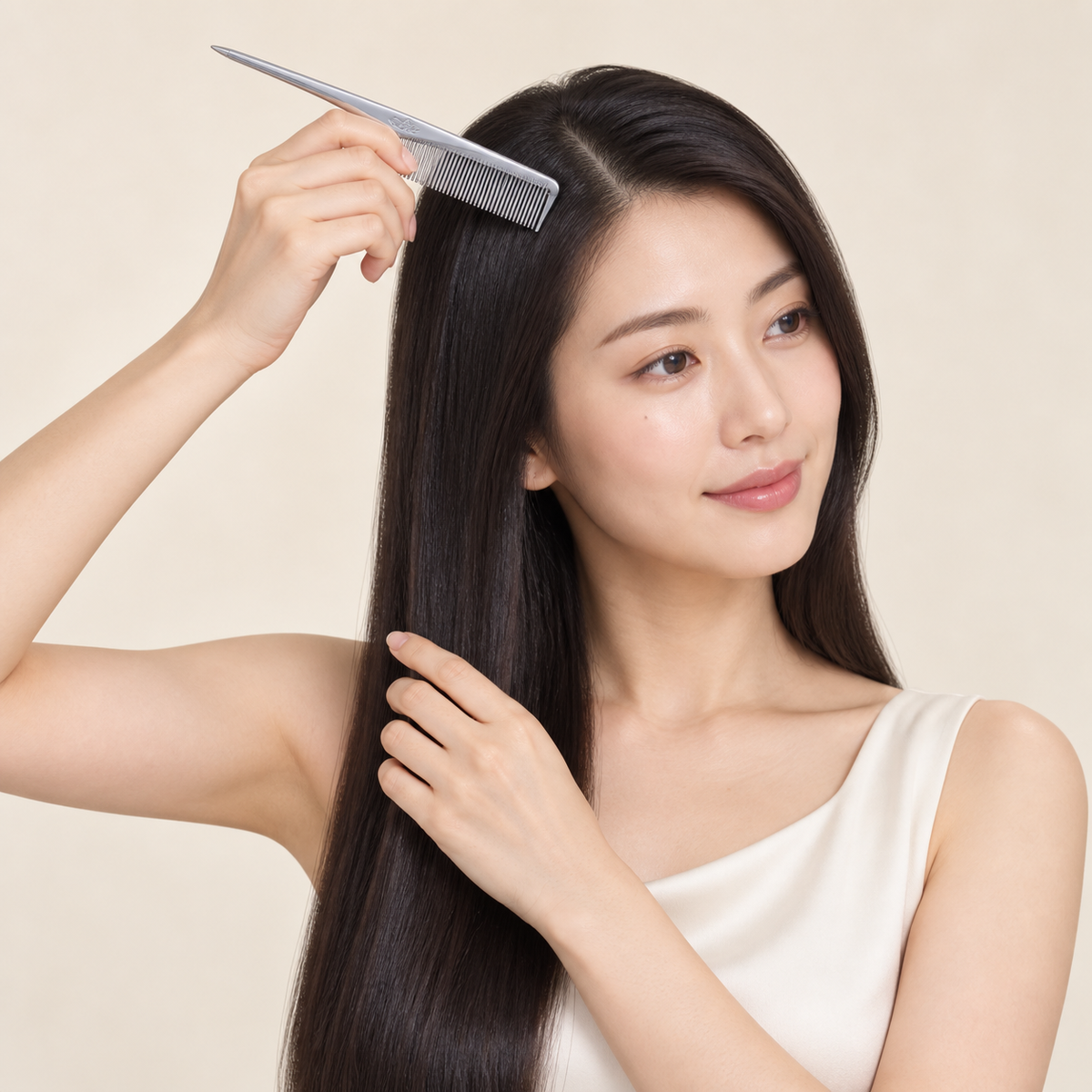 Japanese woman using ReFa MARQUISE ARRANGE comb