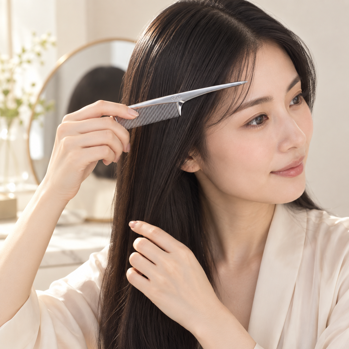 Japanese woman styling hair with ReFa MARQUISE ARRANGE comb