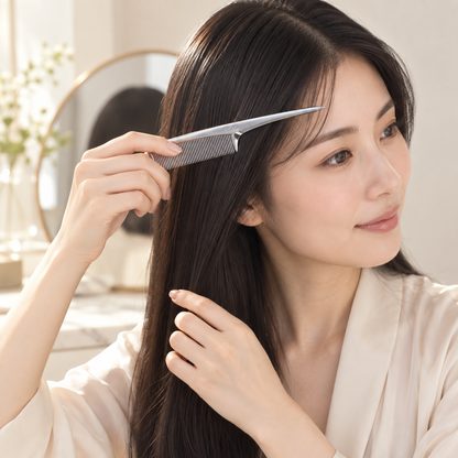 Japanese woman styling hair with ReFa MARQUISE ARRANGE comb