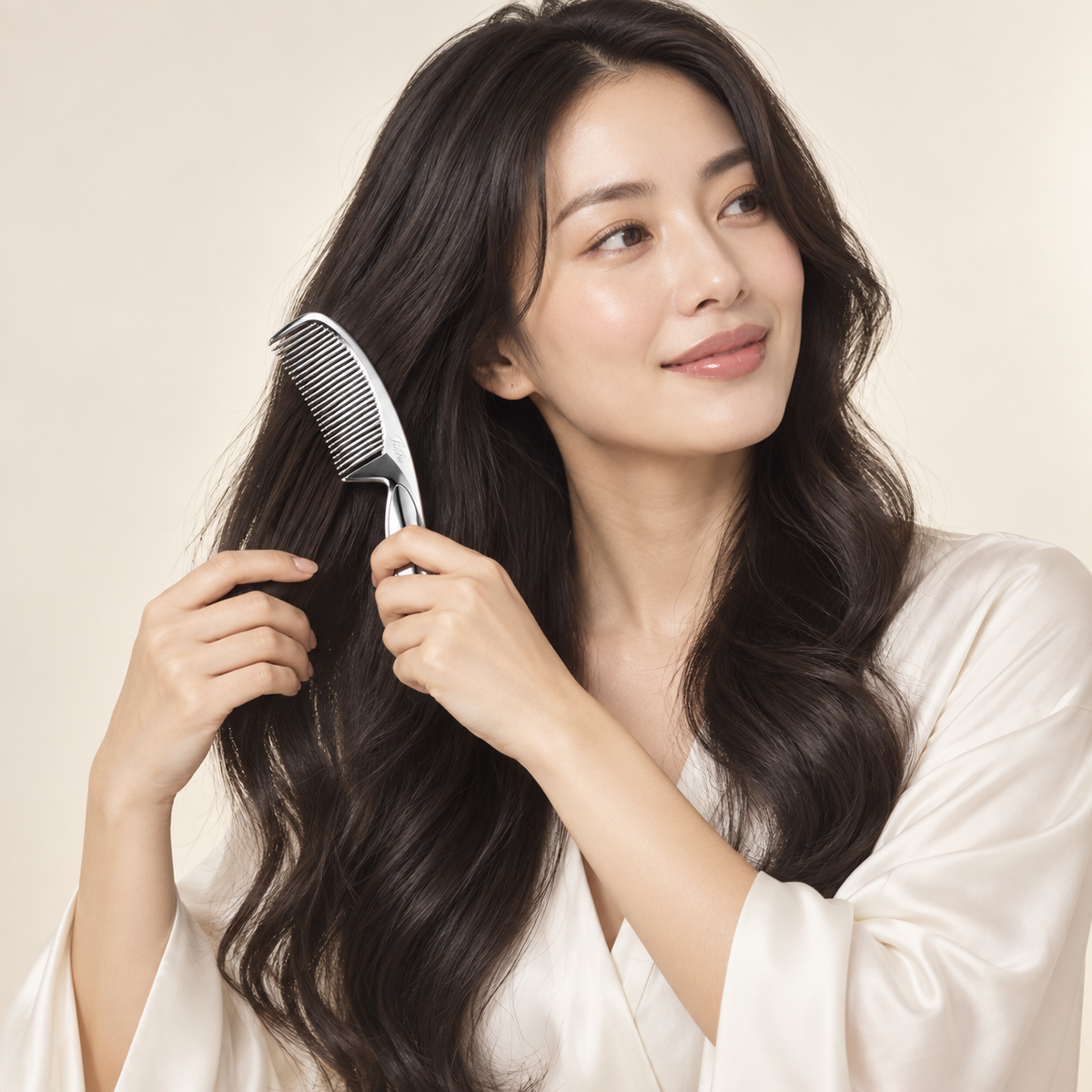 Japanese woman using ReFa MARQUISE DEEP silver comb