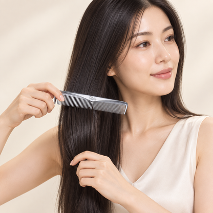 Japanese woman using ReFa MARQUISE TWIN silver comb