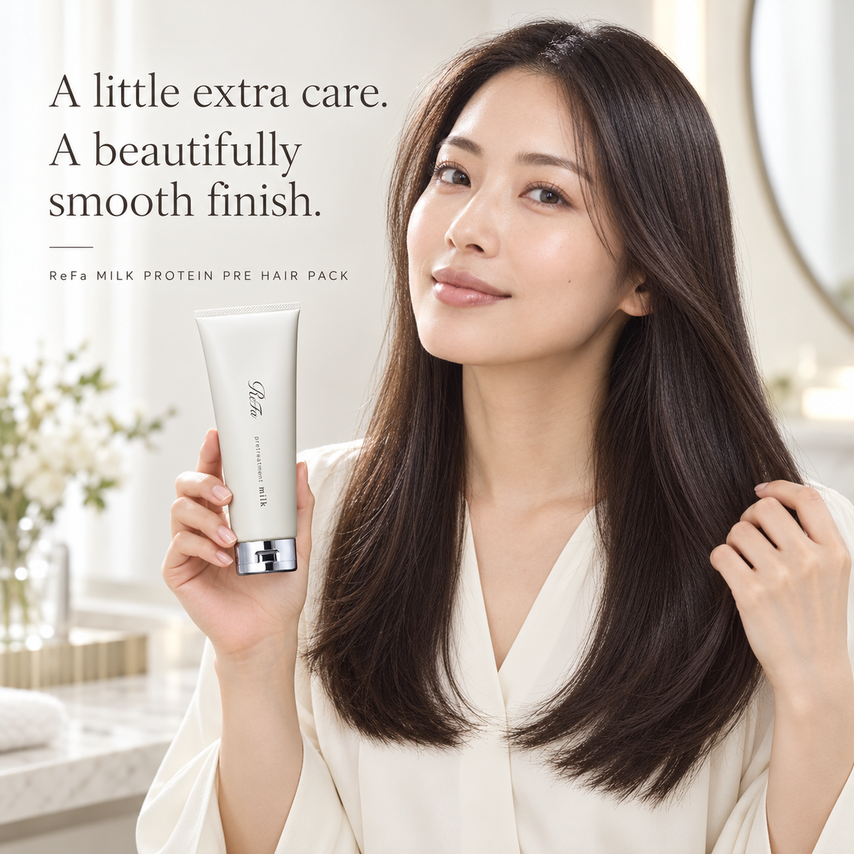 Japanese model holding ReFa MILK PROTEIN PRE HAIR PACK