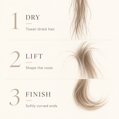 Three-step ReFa RESETTER styling routine: dry, lift, finish