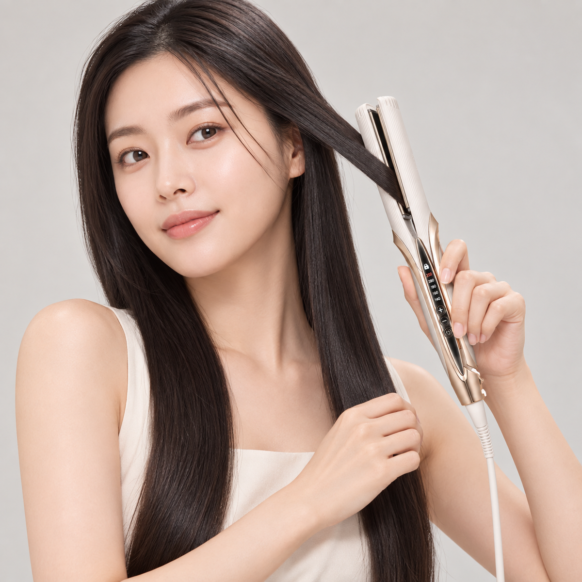 Japanese model using ReFa STRAIGHT IRON PRO in ivory
