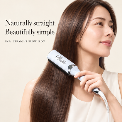 Japanese model styling naturally straight hair with ReFa STRAIGHT BLOW IRON