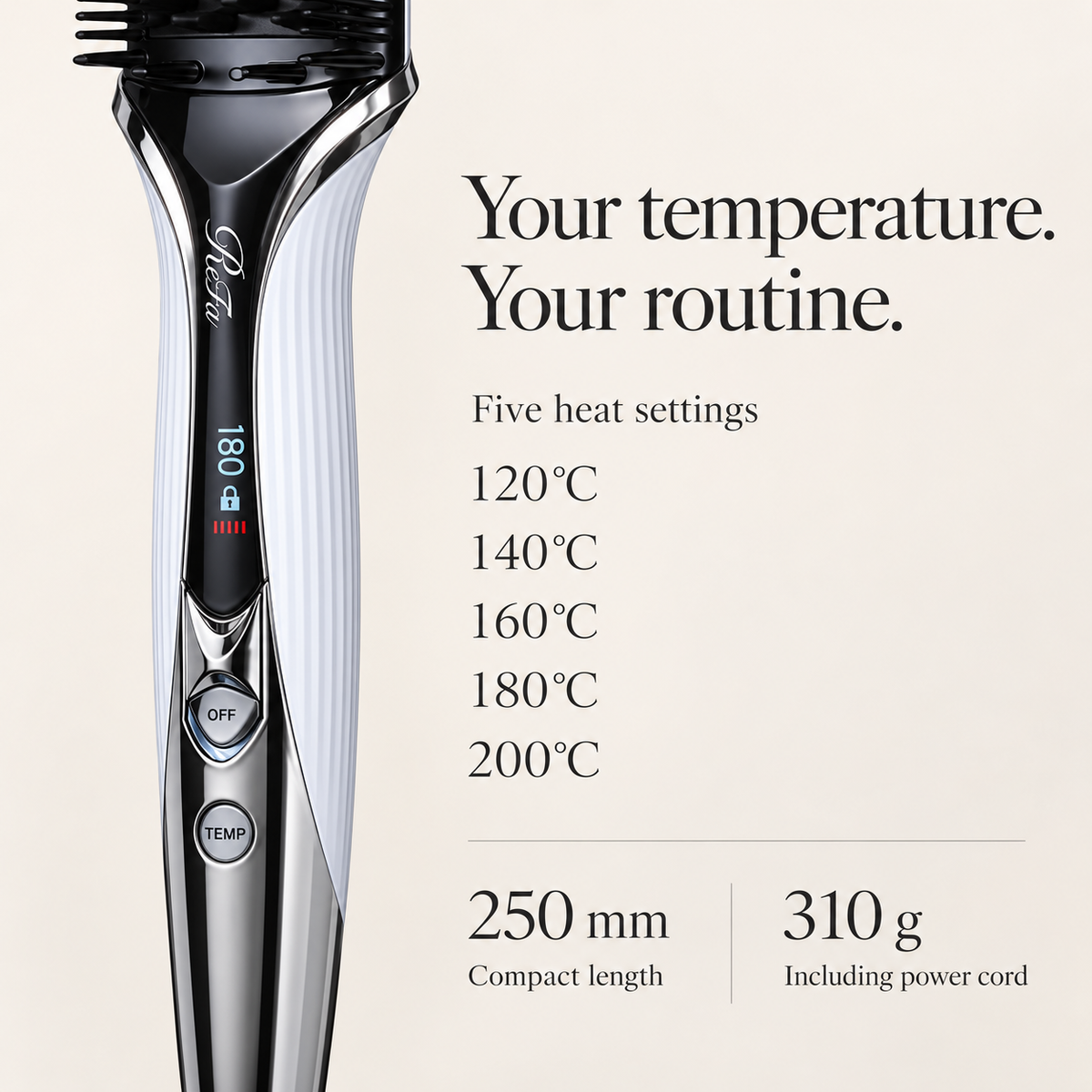 Five temperature settings and compact dimensions