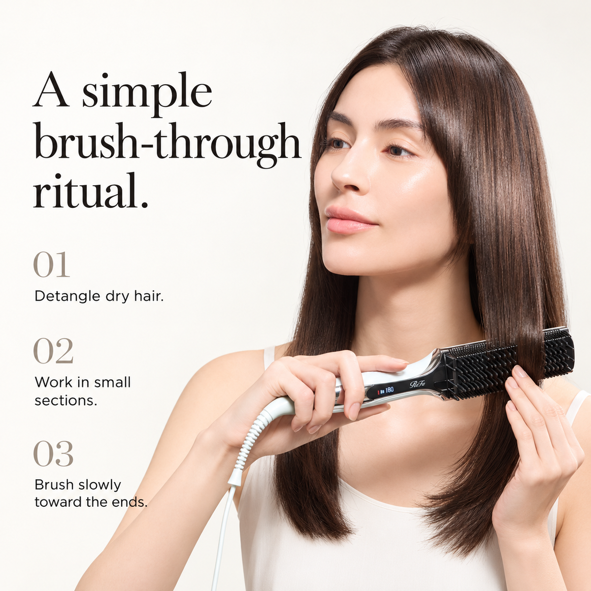 Japanese model demonstrating a dry-hair brush-through styling routine