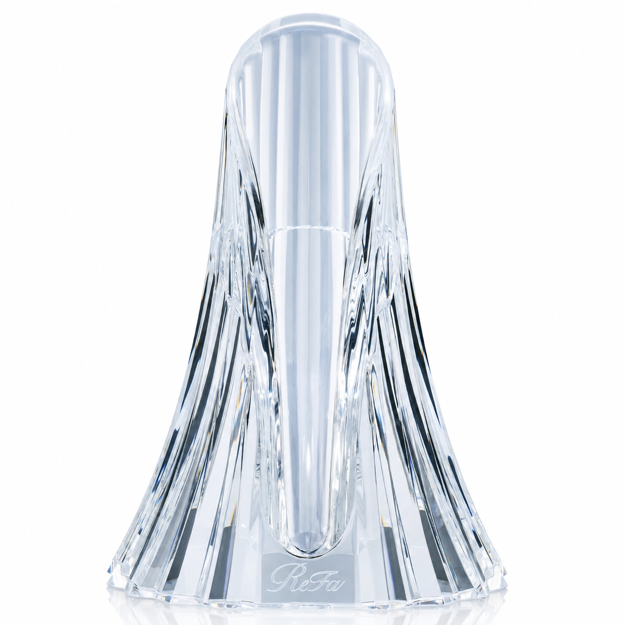 Clear faceted ReFa TREATMENT IRON HOLDER for CURL IRON PRO on white background