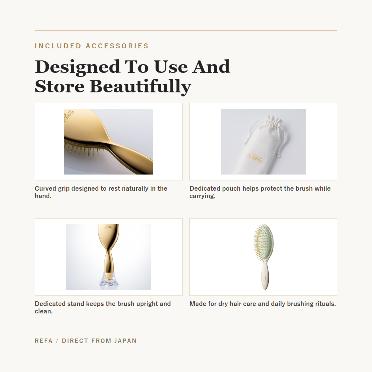 ReFa AURA Modern 24K Coated Hair Brush 4-Color Selection included accessories
