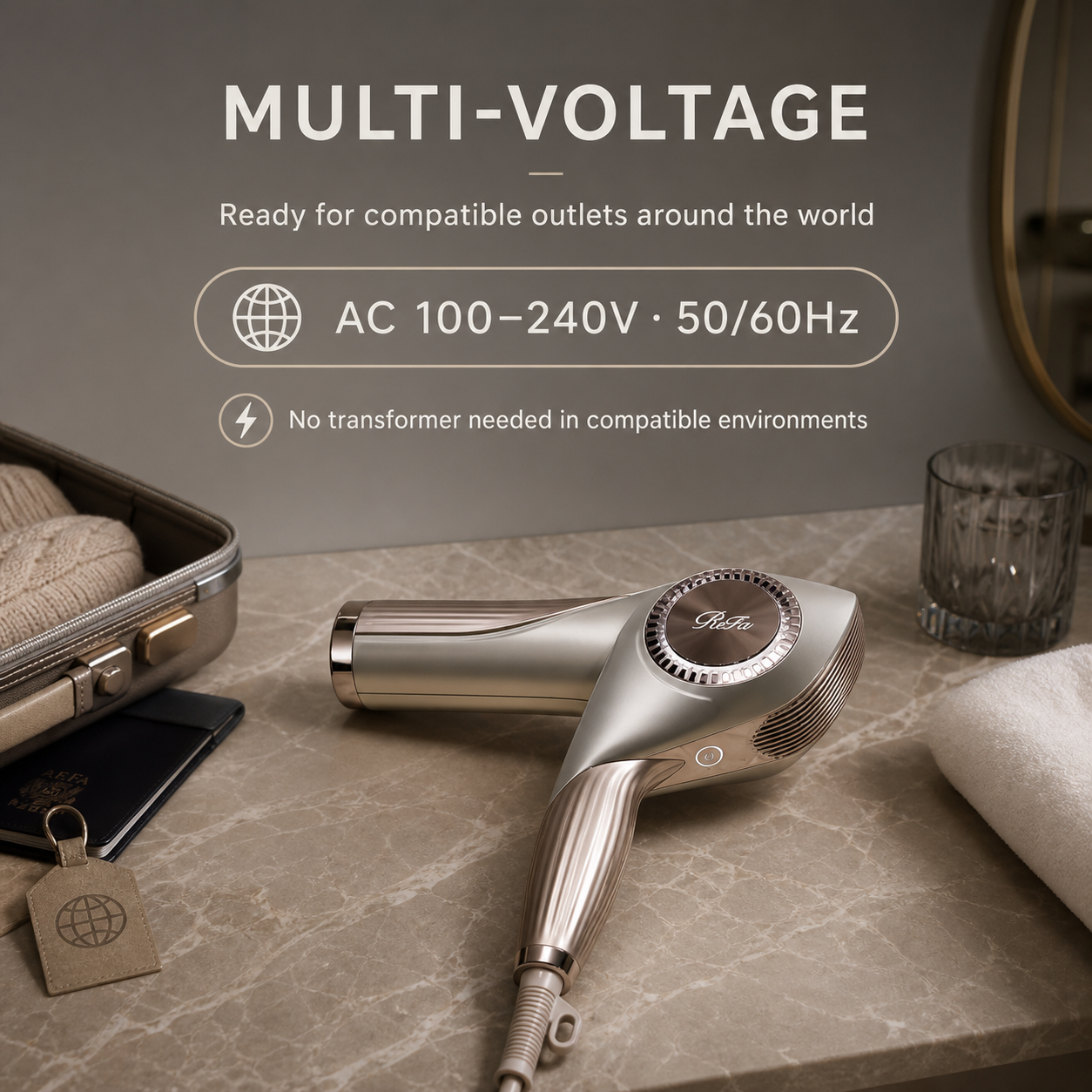 ReFa BX W multi-voltage AC 100-240V travel-ready hair dryer