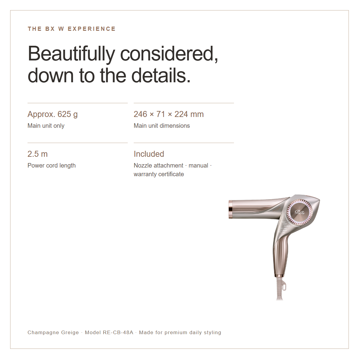 ReFa BX W specifications, included nozzle, dimensions and weight