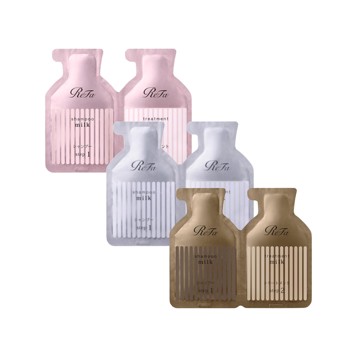 ReFa MILK PROTEIN Shampoo and Treatment trial pouch set in White Pink and Royal