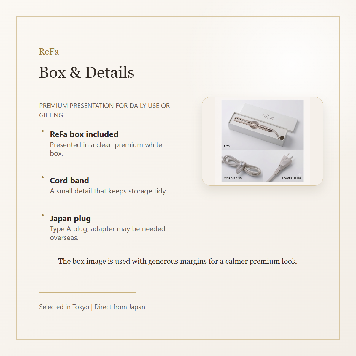 ReFa STRAIGHT IRON PRO+ box and included cord band plug