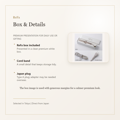 ReFa STRAIGHT IRON PRO+ box and included cord band plug