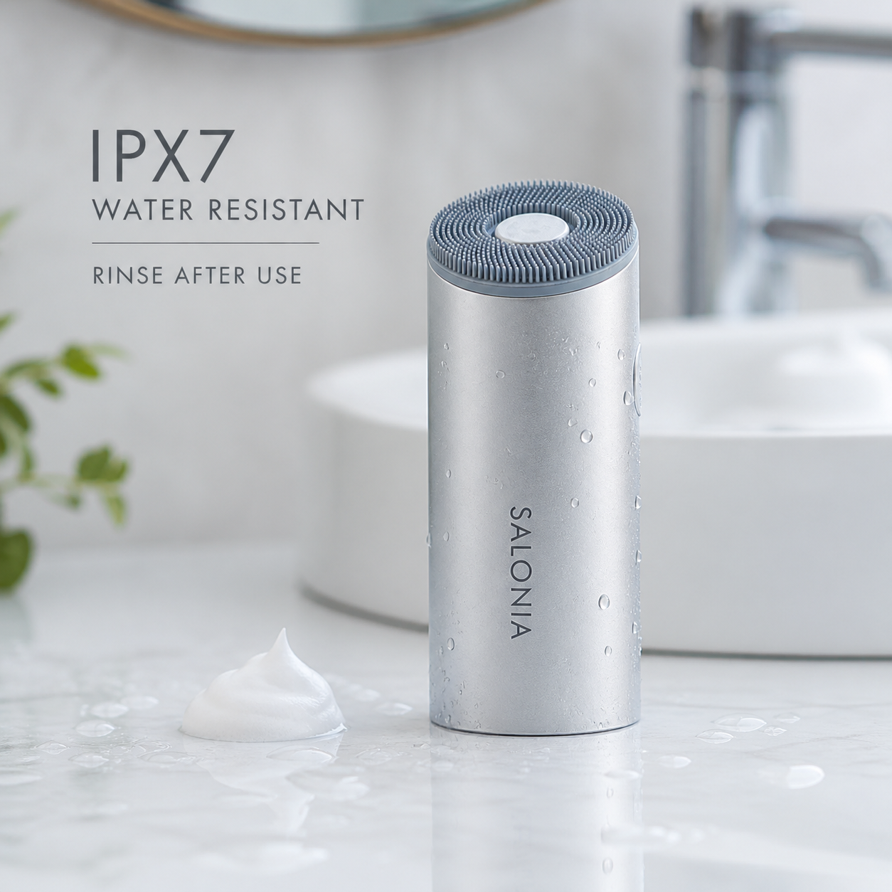 SALONIA Ion Facial Brush IPX7 water resistant bathroom scene
