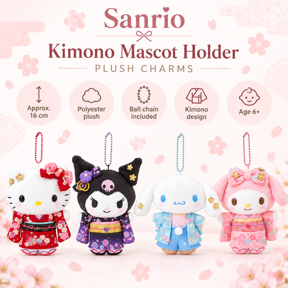 Sanrio Kimono Mascot Holder feature image with size material and chain details