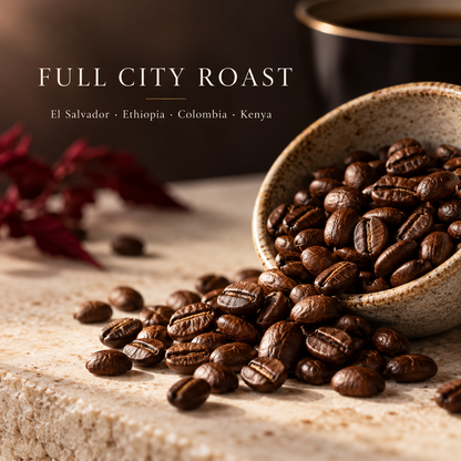 Full-city roasted coffee beans from four origins