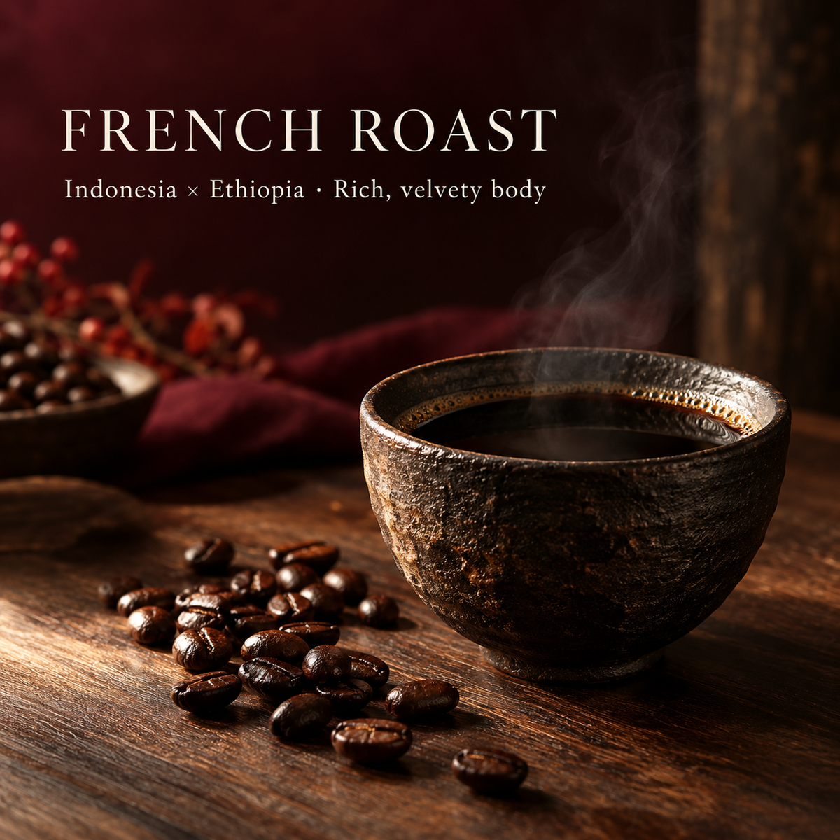 French roast blend of Indonesian and Ethiopian coffee with a rich, velvety body