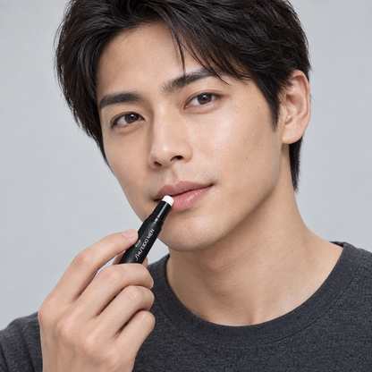 Homem japonês aplicando SHISEIDO MEN Moisturizing Lip Creator