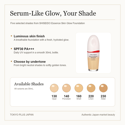 SHISEIDO Essence Skin Glow Foundation five shade overview