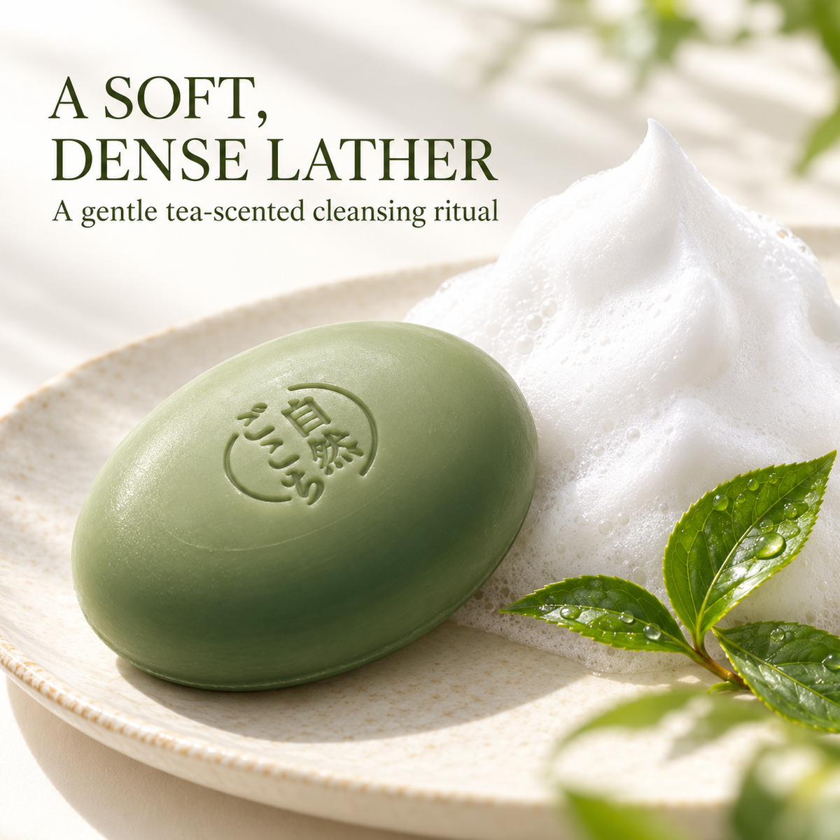 Green tea cleansing soap and soft dense foam