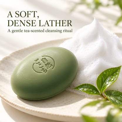 Green tea cleansing soap and soft dense foam