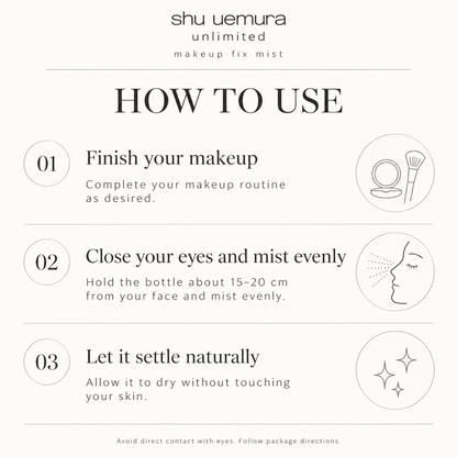 English how-to-use guide for Unlimited Makeup Fix Mist