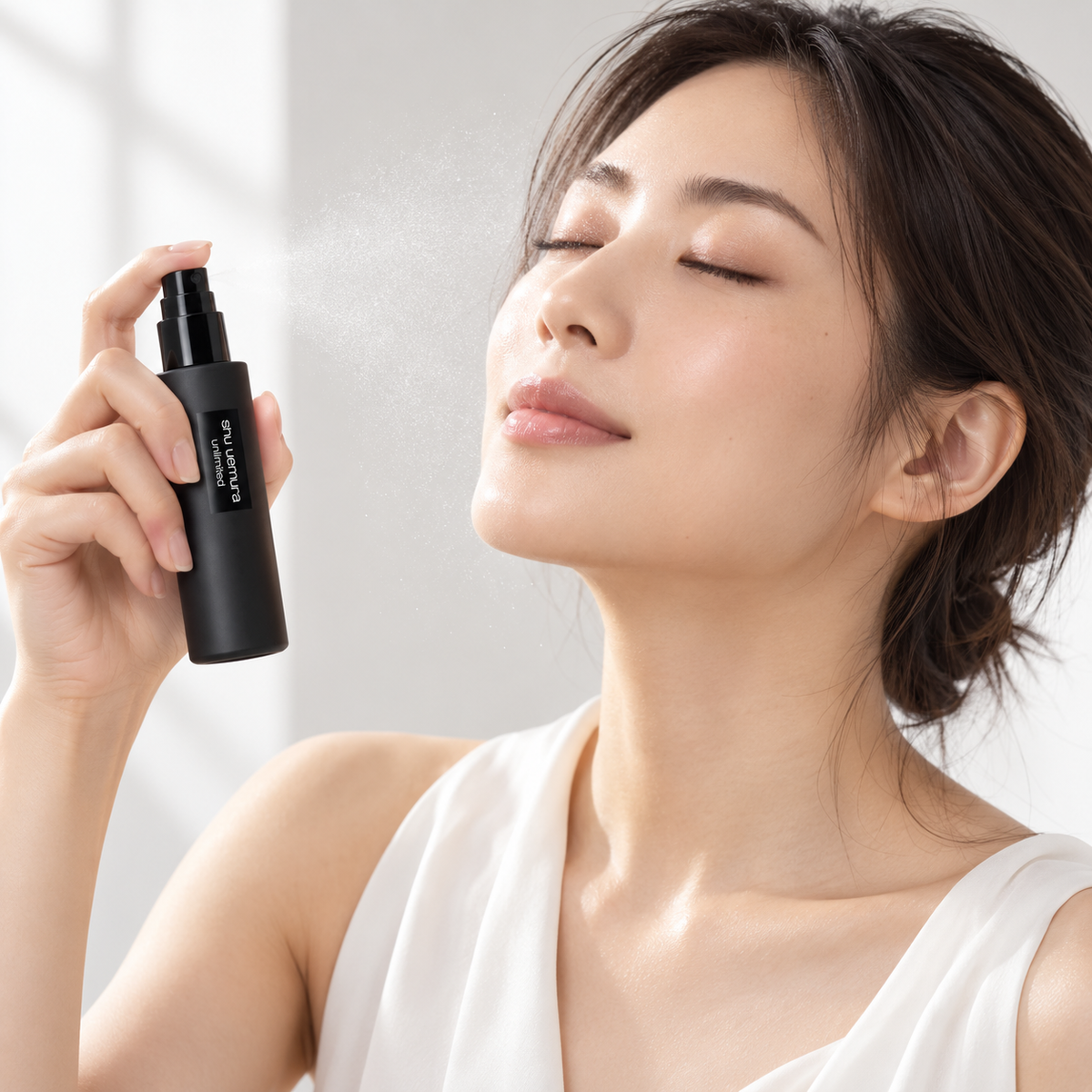 Japanese model applying shu uemura Unlimited Makeup Fix Mist