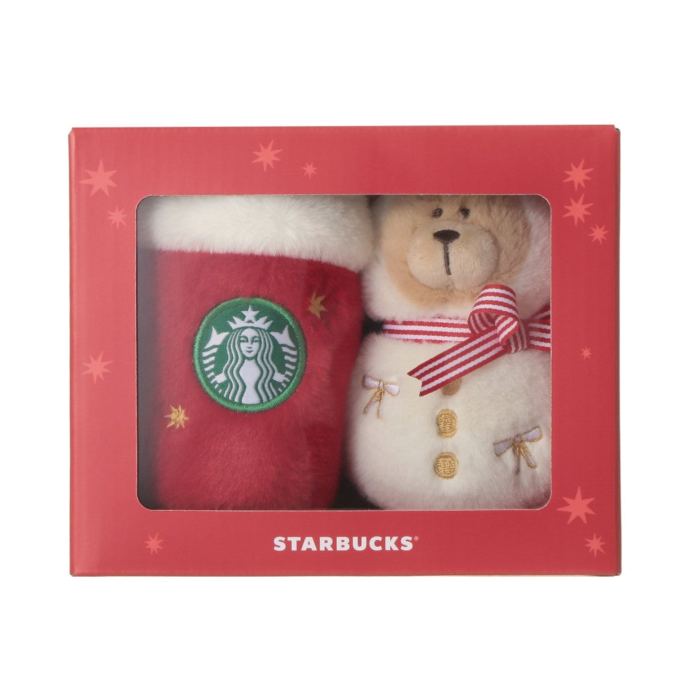 Official Starbucks red gift box containing the two plush ornaments