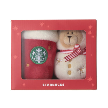 Official Starbucks red gift box containing the two plush ornaments