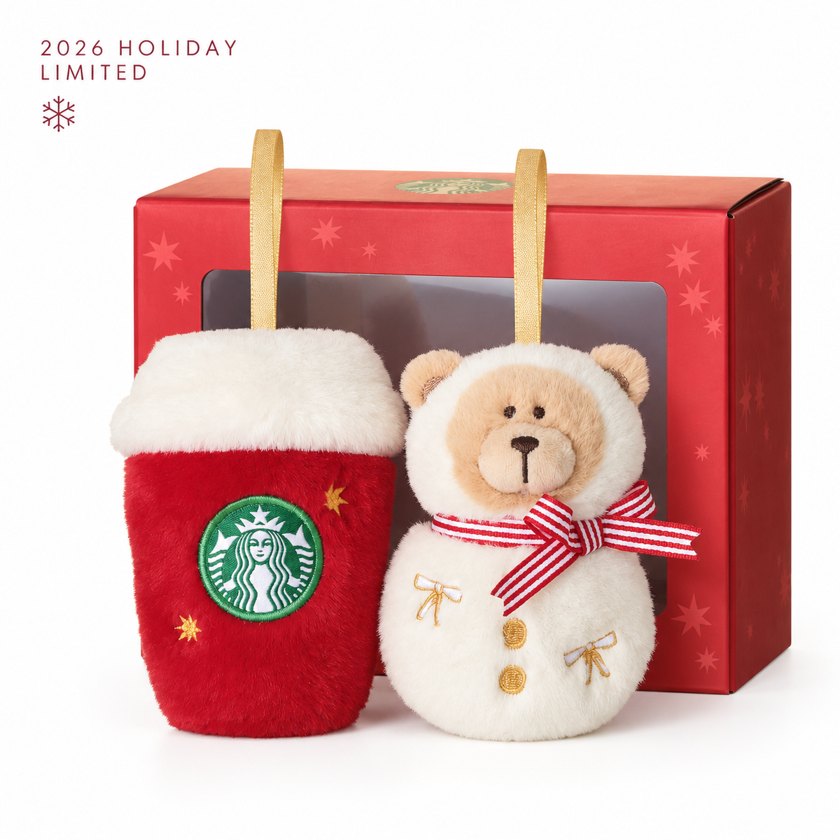Starbucks Japan Holiday 2026 plush ornament gift set with Bearista snowman and red cup, limited label
