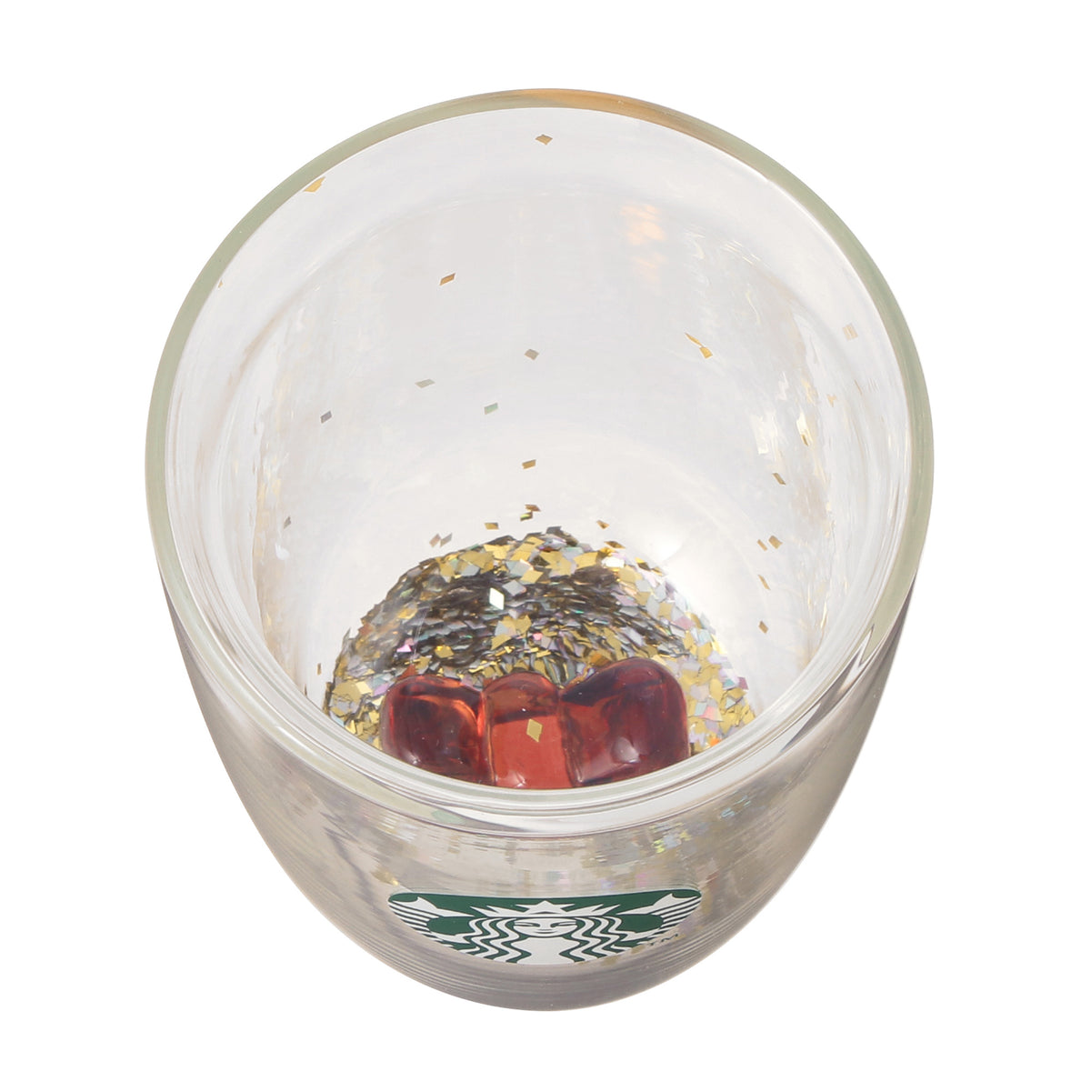 Top view of the Starbucks ribbon glass showing the ornament and confetti