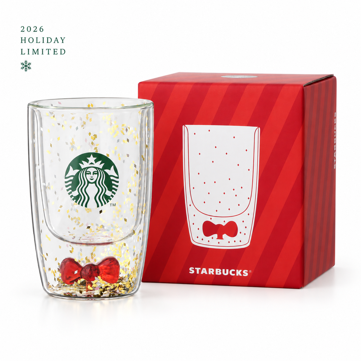 Starbucks Japan Holiday 2026 double-wall ribbon glass with red gift box and limited label