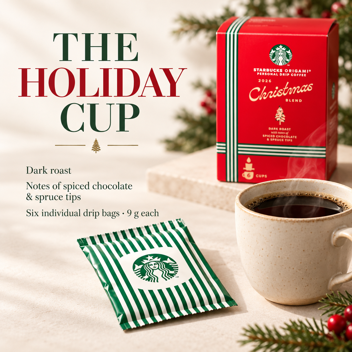 Starbucks Origami Christmas Blend 2026 dark roast coffee with spiced chocolate and spruce tip notes