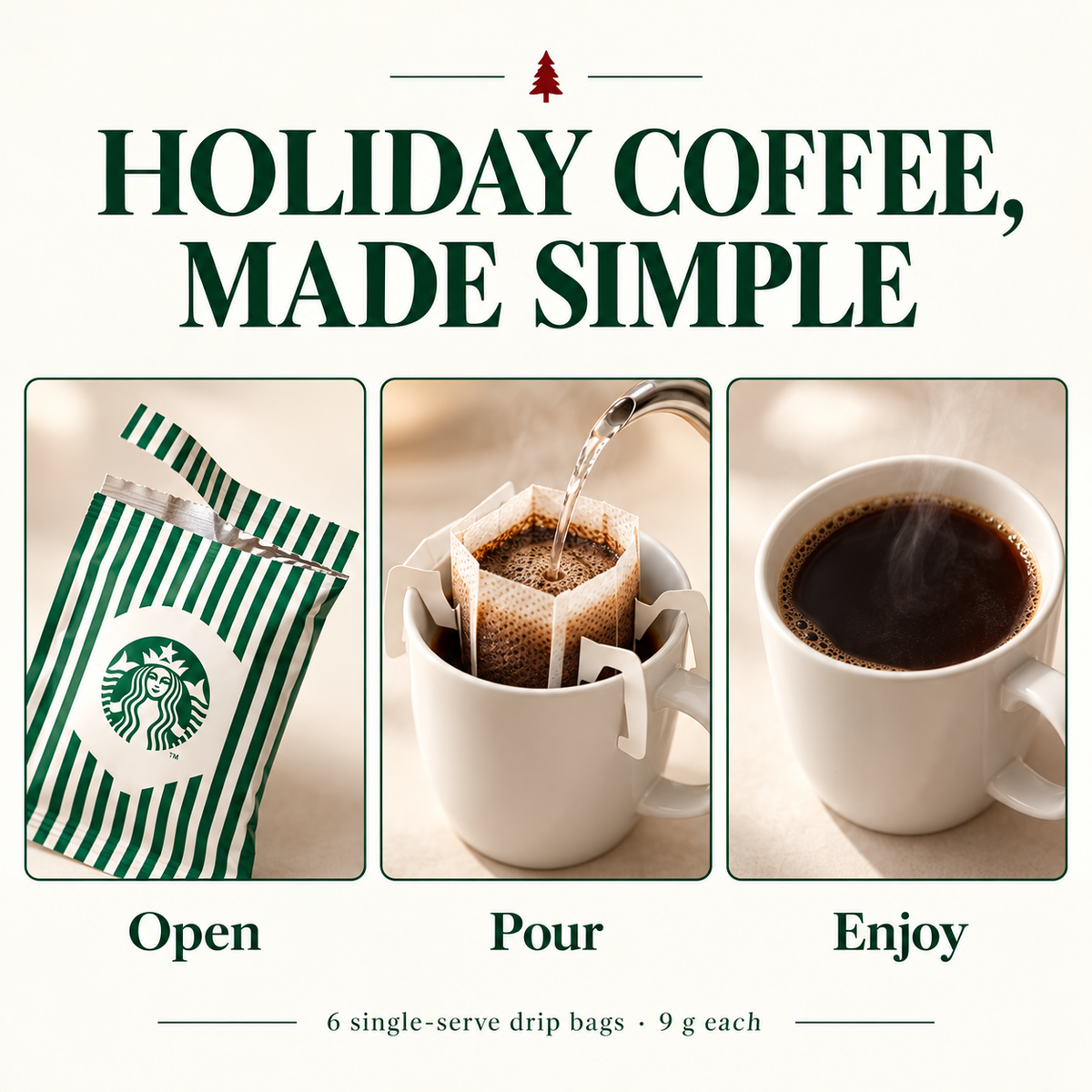 How to brew Starbucks Origami Christmas Blend drip coffee: open, pour and enjoy