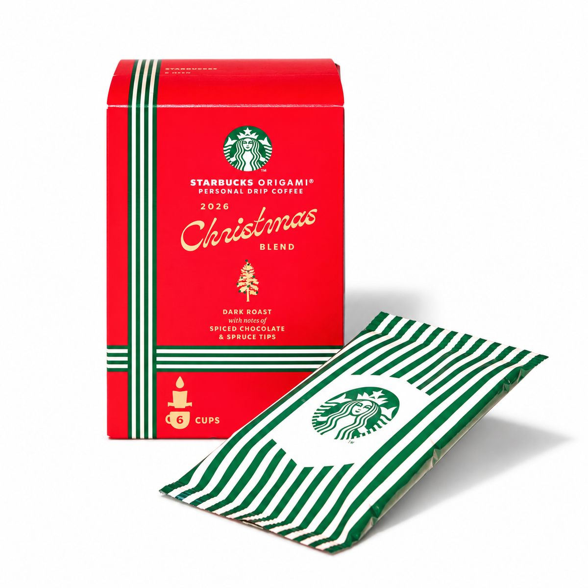 Starbucks Origami Christmas Blend 2026 six drip bag box and sachet on white