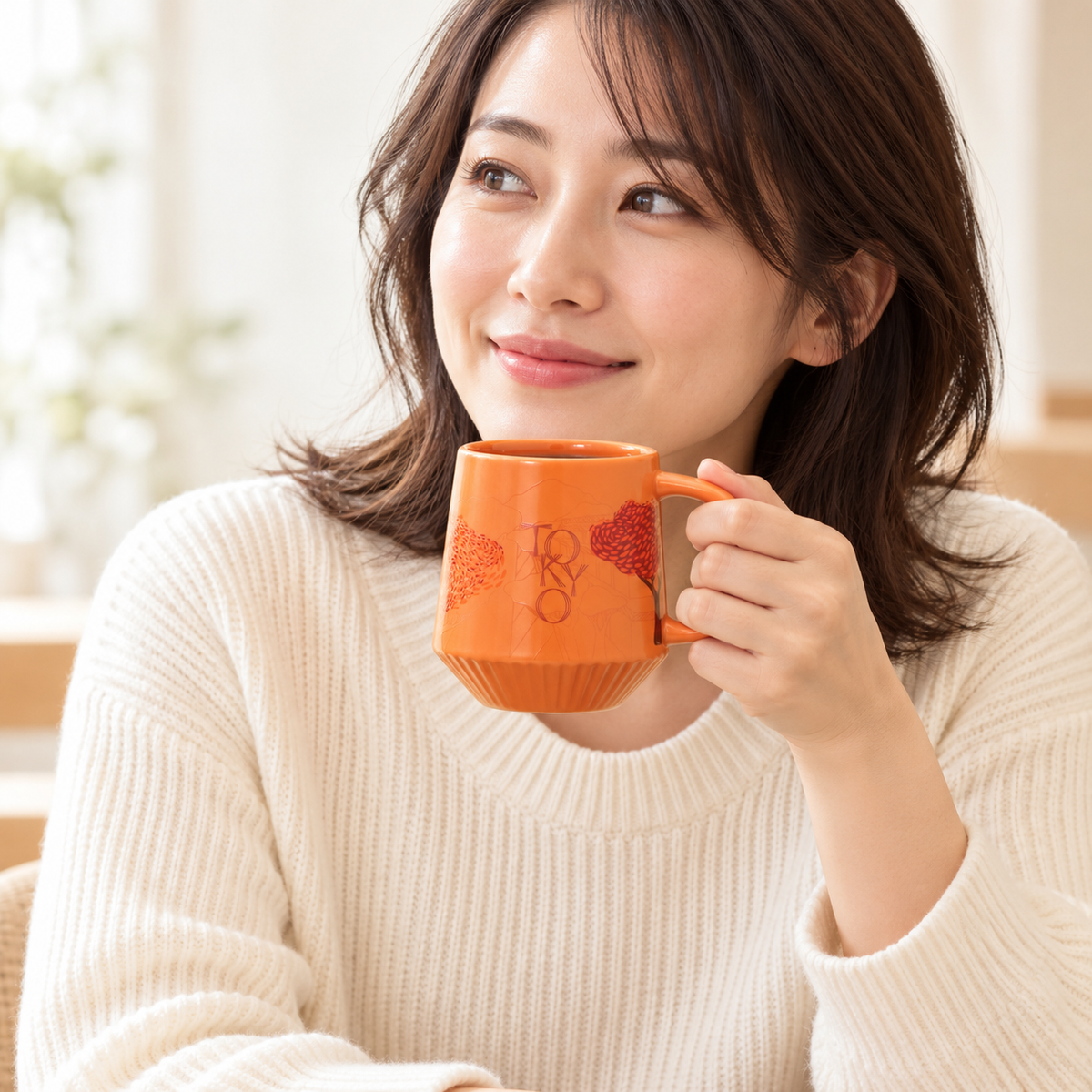 Orange pleats mug at natural scale in use